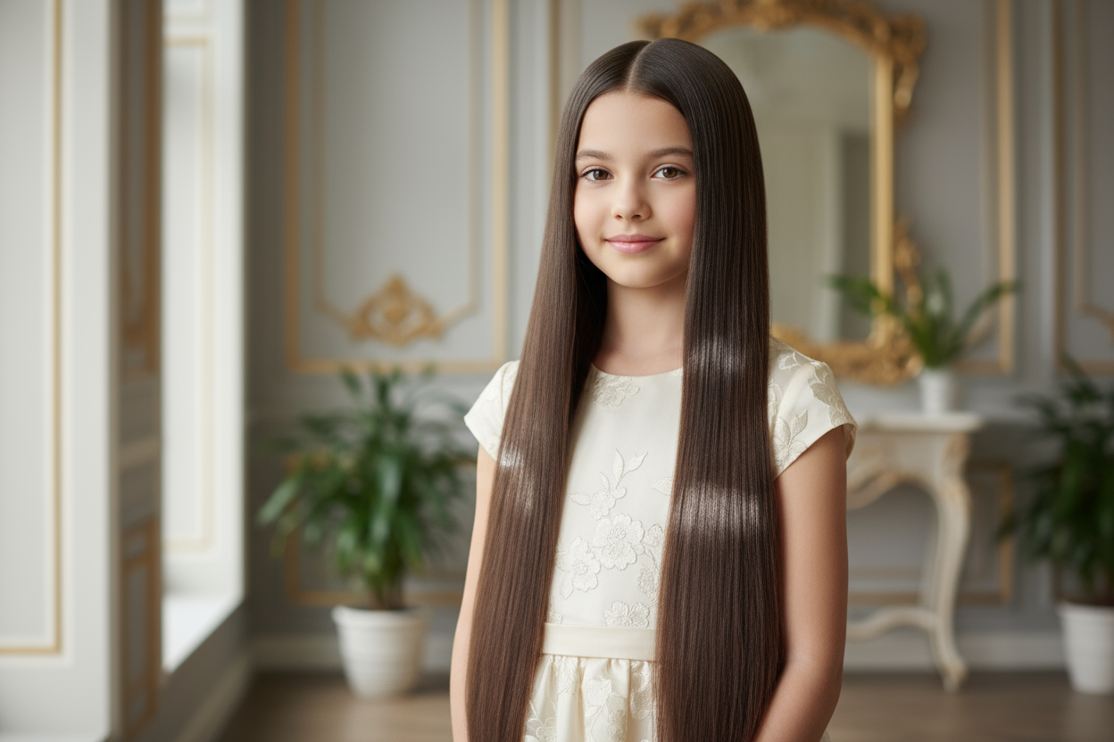bambina con capelli lunghi lisci e lucidissimi