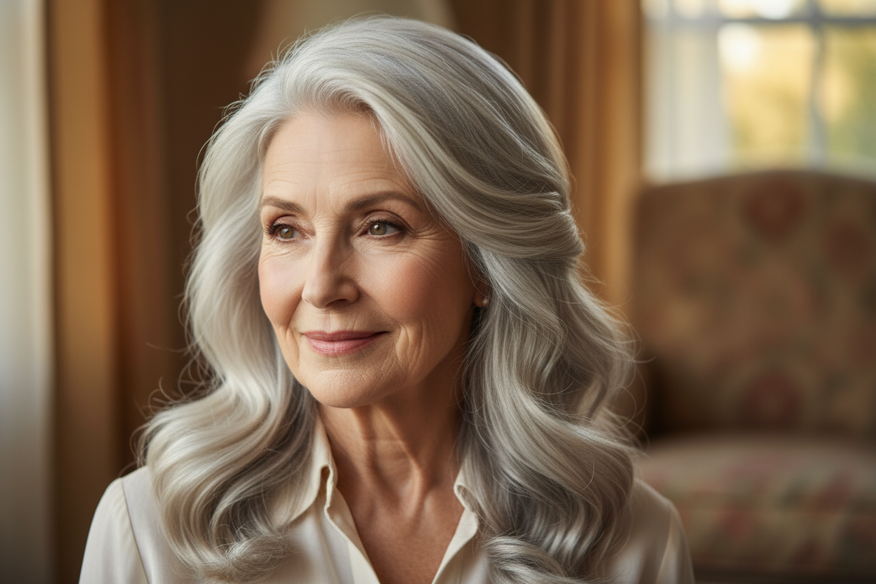 donna anziana con capelli bellissimi grigi e lucidissimi