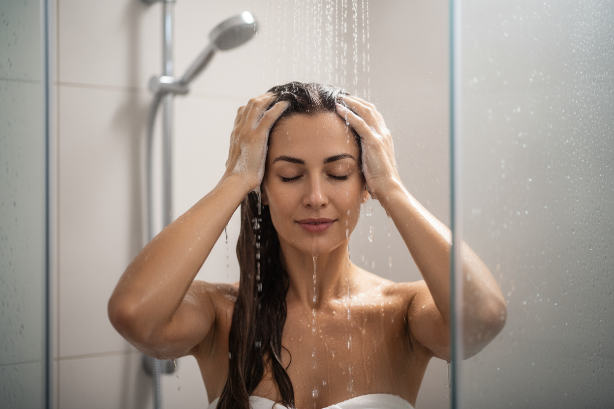 modella mora che si lava i capelli nella doccia