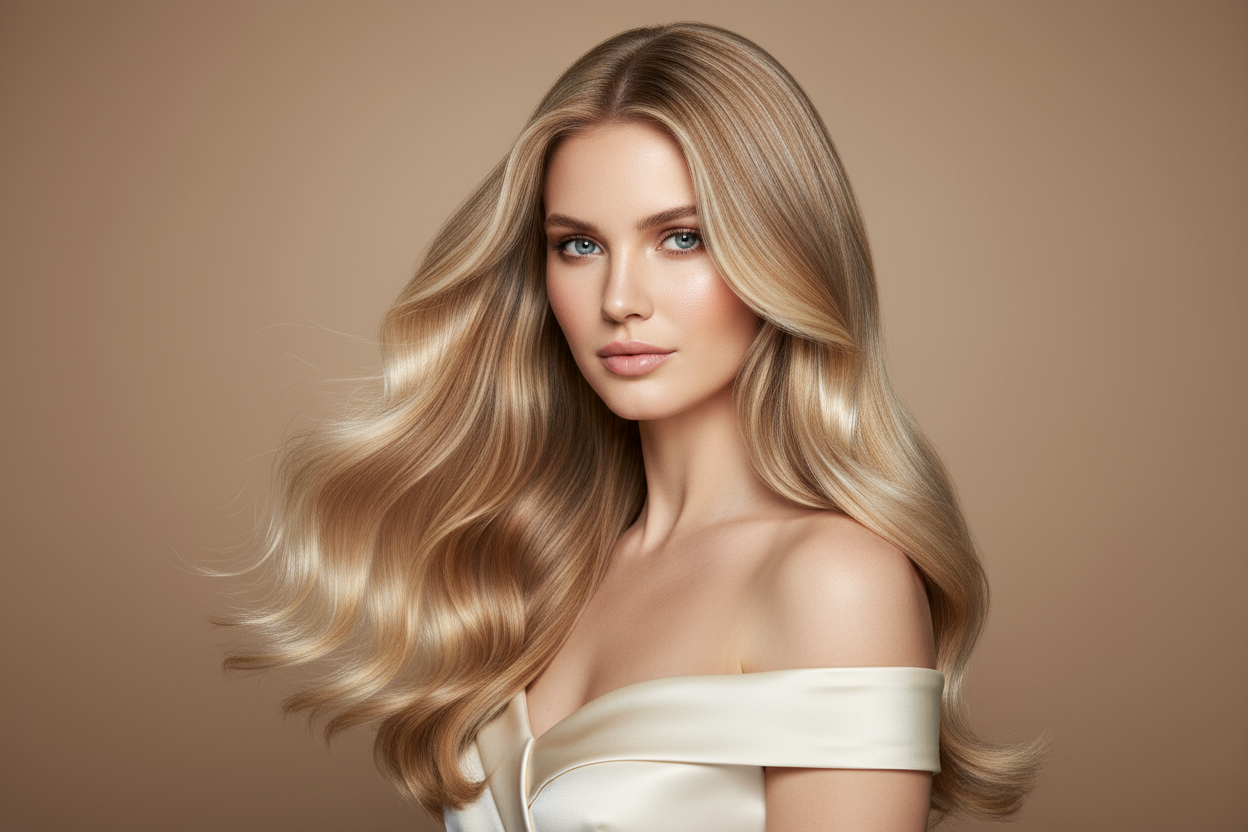 modello biondo con capelli biondi bellissimi e lucenti