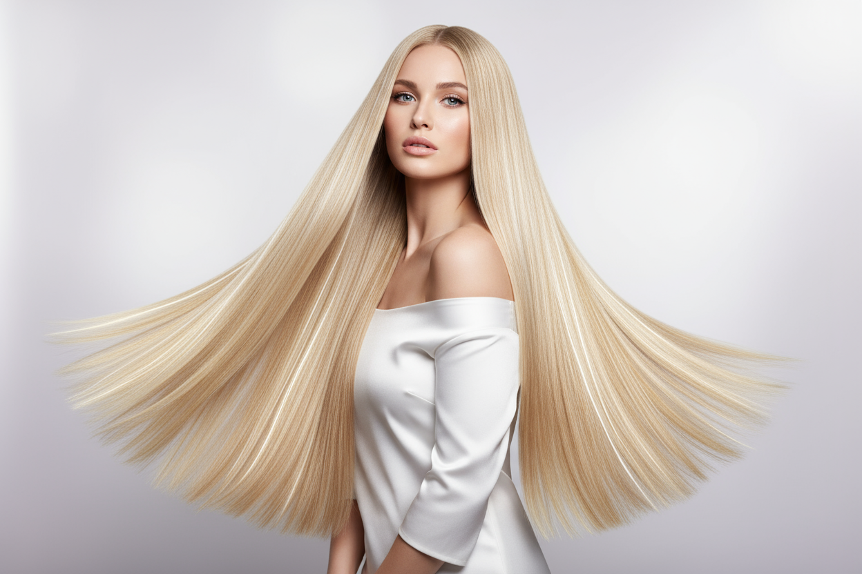 modello biondo con capelli lunghi lisci e lucidissimi