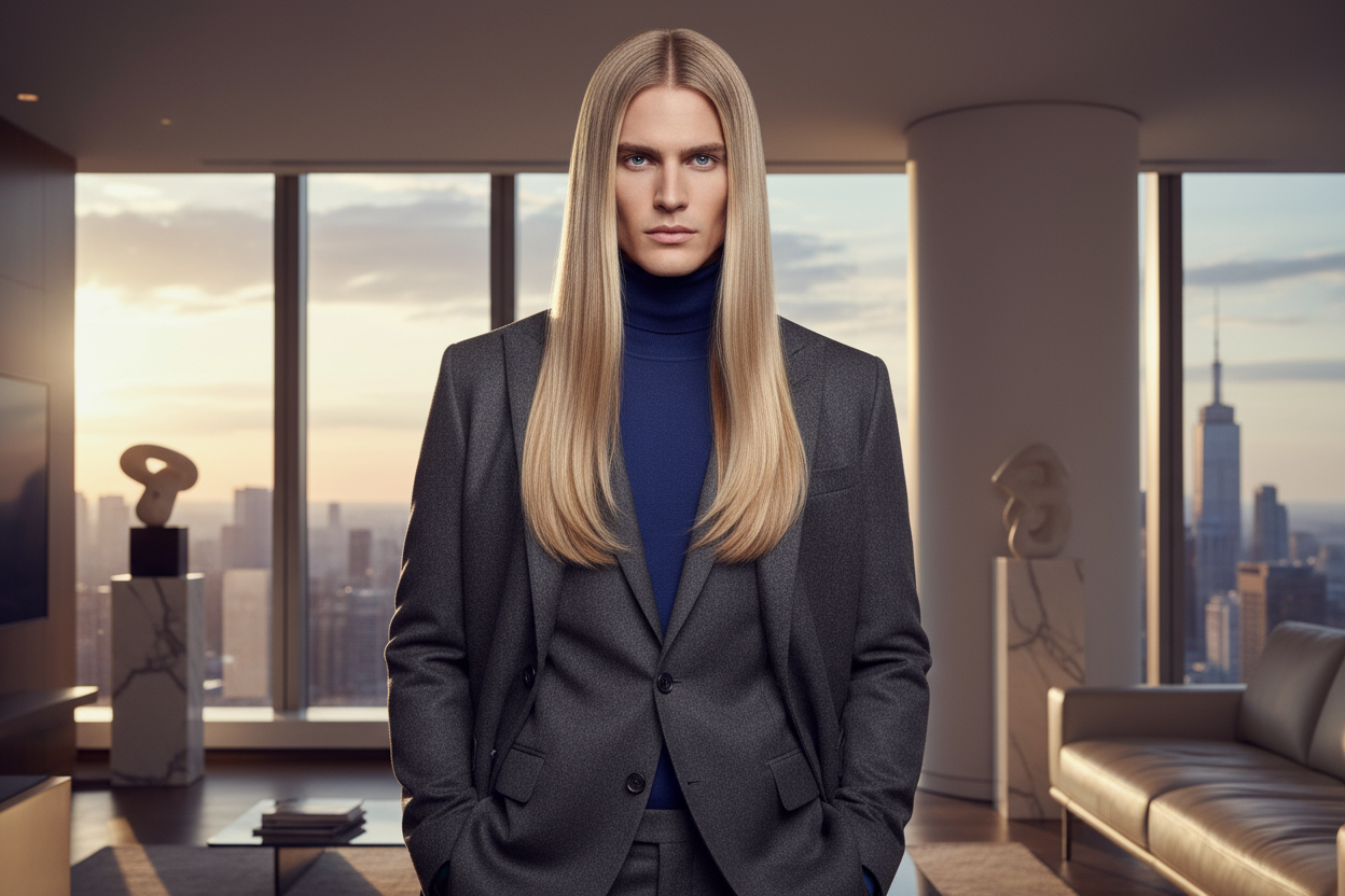 modello uomo bellissimo elegantissimo con capelli lunghi alla spalla biondi bellissimi e lucidissimi e dritti
