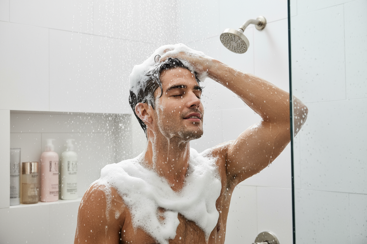 un modello moro bellissimo che si fa lo shampoo sotto la doccia con il nostro beautiful shampoo e tantissima schiuma