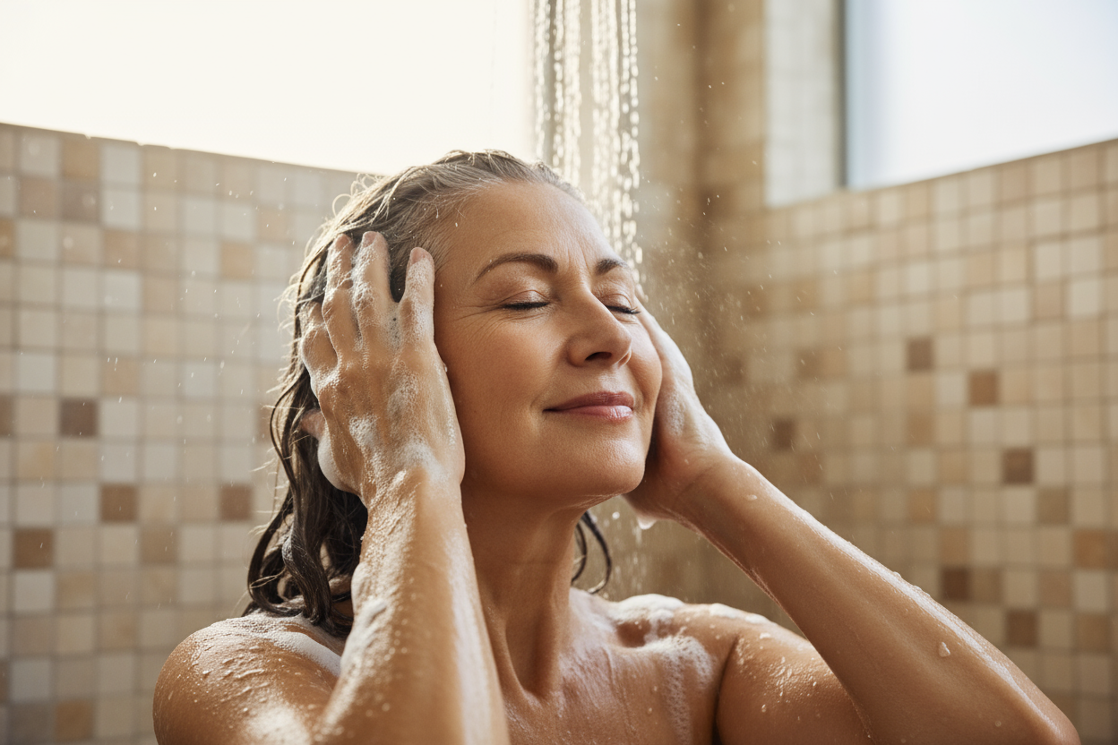 una donna di 70 anni bella e capelli grigi che si fa lo shampoo sotto la doccia con tanta schiuma