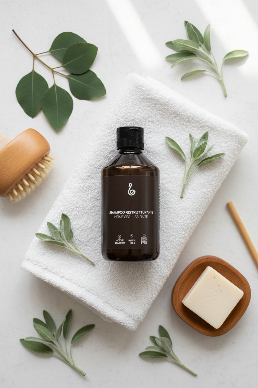 Home Spa Shampoo Ristrutturante – flat lay con accessori spa