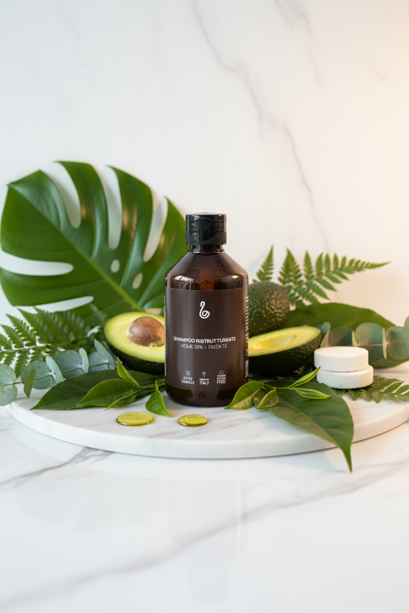 Shampoo Ristrutturante Cheratina Vegetale su marmo con ingredienti botanici