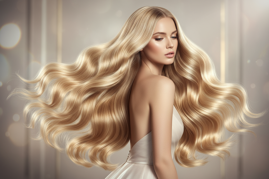 modella bellissima bionda con capelli lucidissimi e lunghissimi