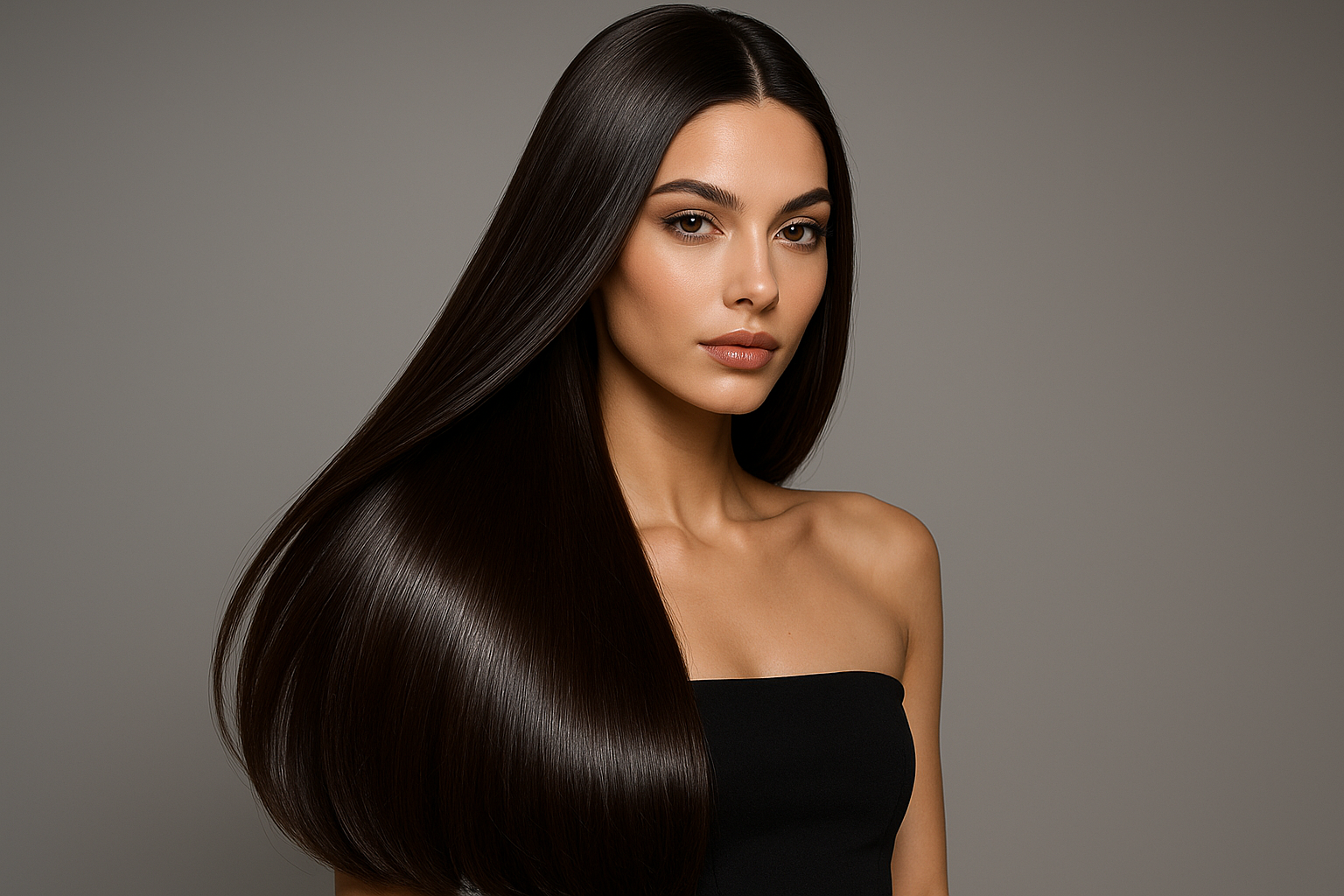 modella con capelli lunghi mori lucidissimi e lisci