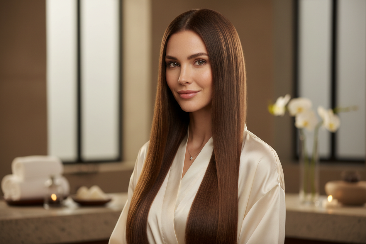 una bella ragazza dai capelli castani lunghi e lisci