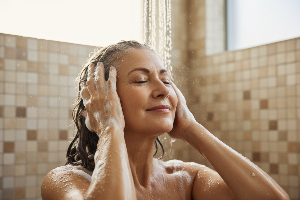 una donna di 70 anni bella e capelli grigi che si fa lo shampoo sotto la doccia con tanta schiuma
